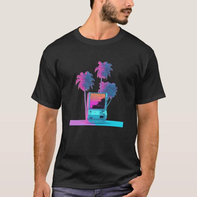 Vaperwave Aesthetic Glitch Palm Tree Retrowave Syn T-Shirt (Vorderseite)