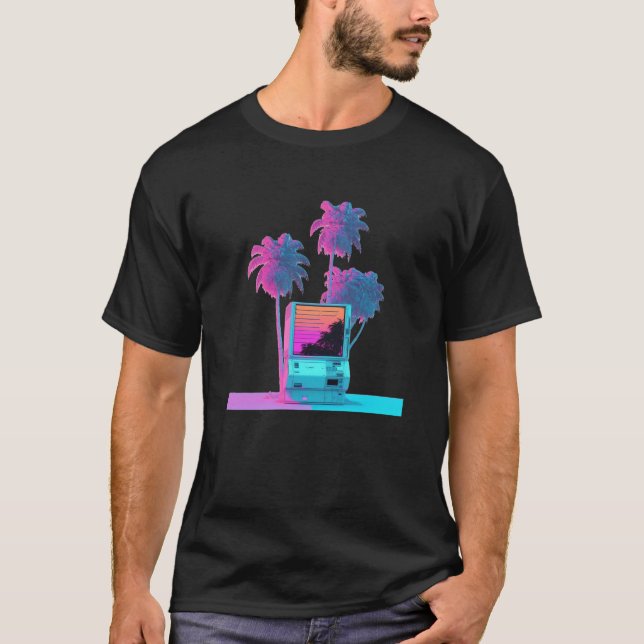 Vaperwave Aesthetic Glitch Palm Tree Retrowave Syn T-Shirt (Vorderseite)