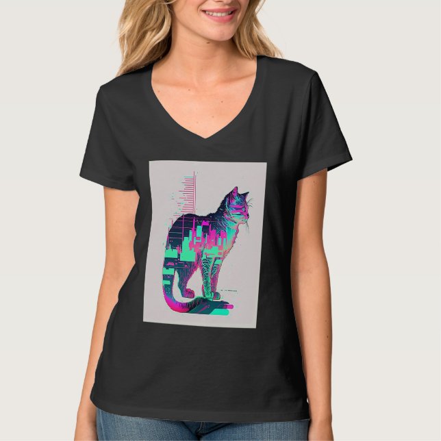 Vaperwave-Ästhetik-Glitch-Katze-Retrowave-Synthwav T-Shirt (Vorderseite)