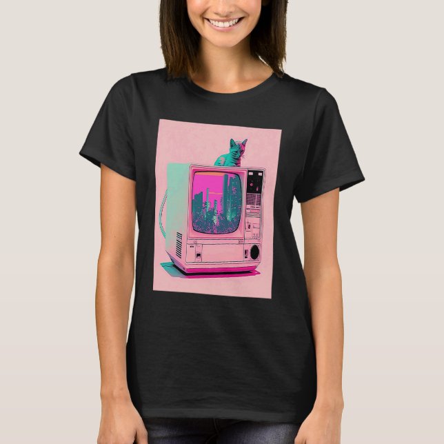 Vaperwave-Ästhetik-Glitch-Katze-Retrowave-Synthwav T-Shirt (Vorderseite)
