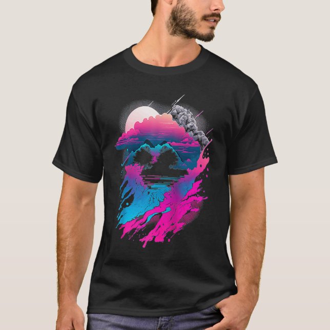 Vaporwave Abstract Landscape Moon Tree Waterfall B T-Shirt (Vorderseite)
