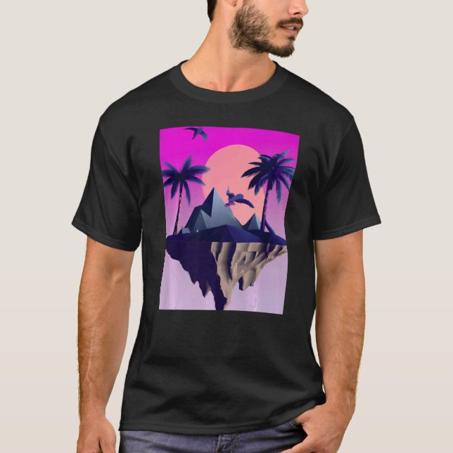 Vaporwave-Ästhetische Fliegeninsel mit Palmen und  T-Shirt (Vorderseite)