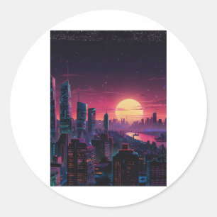 Vaporwave Cyberpunk-Stadtlandschaft – Neon-Skyline Runder Aufkleber
