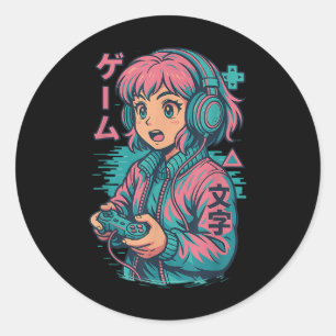 Vaporwave Gamer Girl Japanischer Art Anime Manga G Runder Aufkleber
