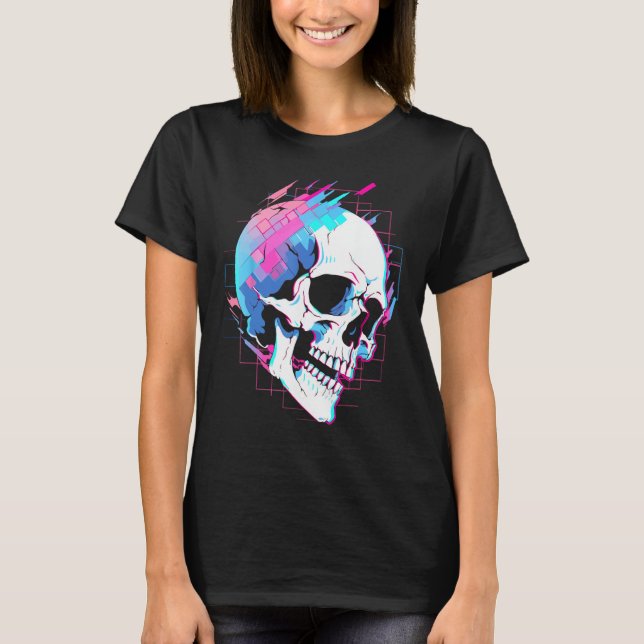 Vaporwave Glitch Skull Cyberpunk Festival Techwear T-Shirt (Vorderseite)
