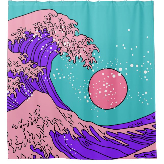 Vaporwave Great Wave: Stilvolle Ocean Art Duschvorhang (Vorderseite)