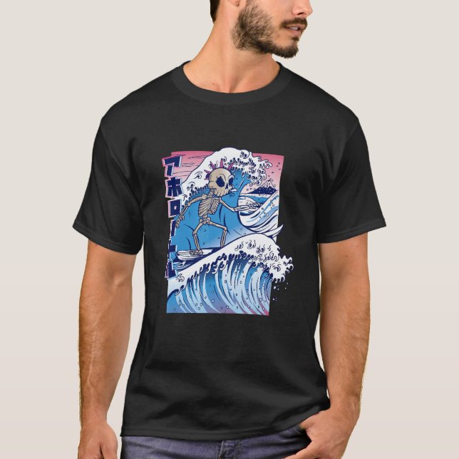 Vaporwave Kanagawa Great Wave Japan Surfskelett T-Shirt (Vorderseite)