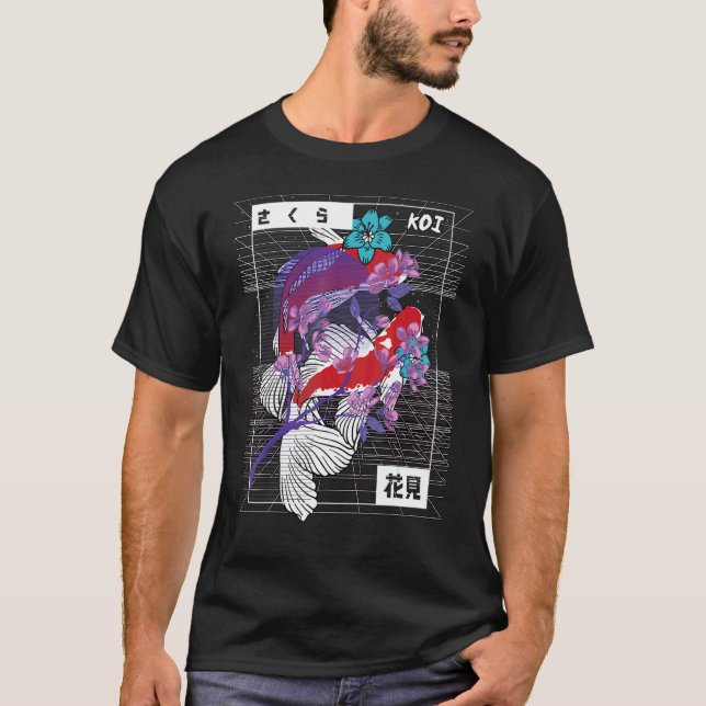 Vaporwave Koi Fisch Japan Sakura Carp Züchter T-Shirt (Vorderseite)