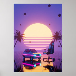 Vaporwave Retro-Auto und Gaming-Stuhl Poster