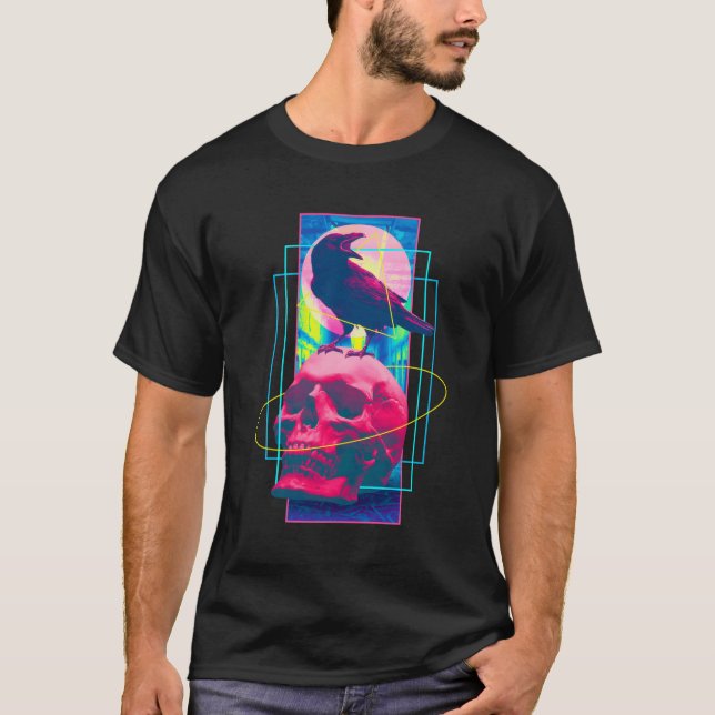 Vaporwave Skull Crow Halloween Ästhetik T-Shirt (Vorderseite)