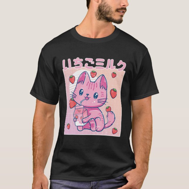 Vaporwave Strawberry Cat 90S Japanischer Kawaii St T-Shirt (Vorderseite)