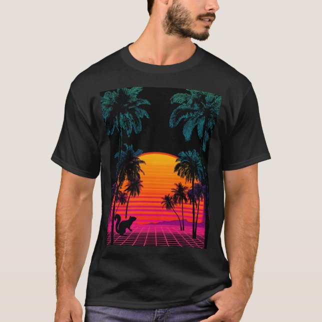 Vaporwave Sunset Palms – Neon Squirrel Gridscape T-Shirt (Vorderseite)