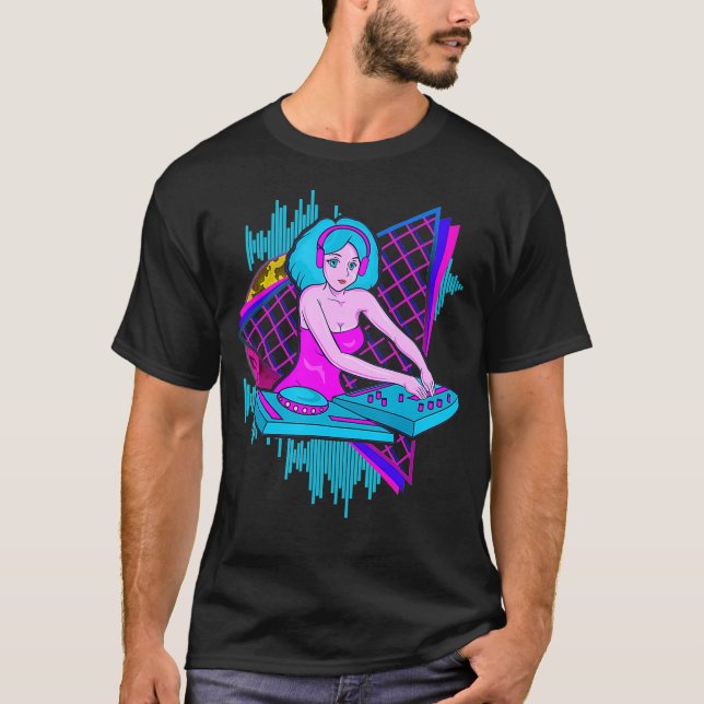 Vaporwave Synthwave DJ Girl 1980er und 1990er Jahr T-Shirt (Vorderseite)