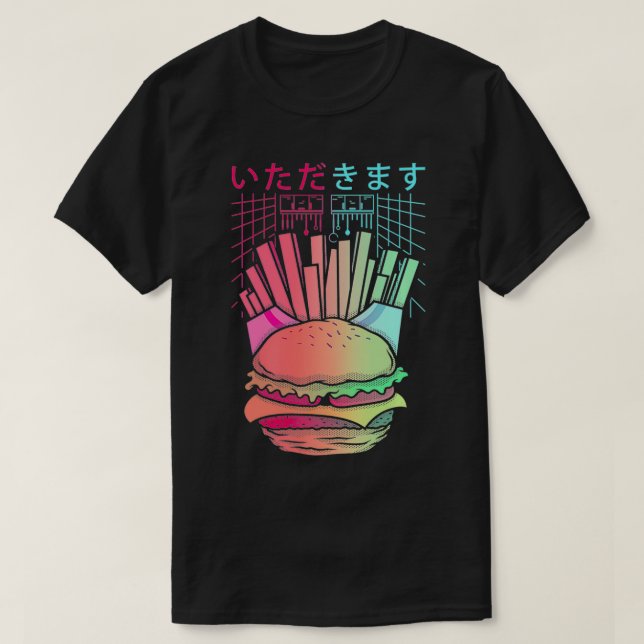 Vaporwave Synthwave Retrowave Burger and Fries Fas T-Shirt (Design vorne)