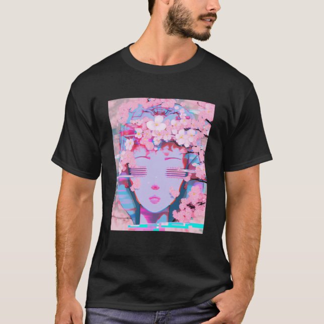 Vaporwave Synthwave Retrowave Glitch Cherry Blosso T-Shirt (Vorderseite)