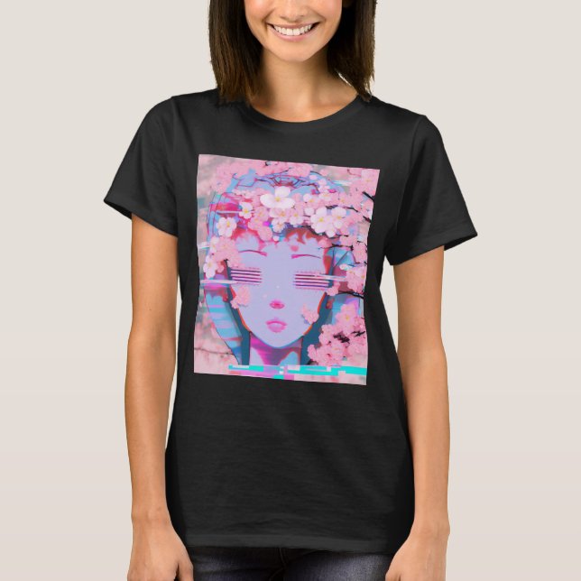 Vaporwave Synthwave Retrowave Glitch Cherry Blosso T-Shirt (Vorderseite)