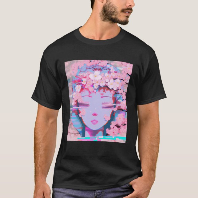 Vaporwave Synthwave Retrowave Glitch Cherry Blosso T-Shirt (Vorderseite)