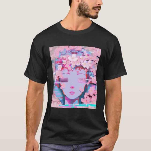Vaporwave Synthwave Retrowave Glitch Kirschblüte T-Shirt (Vorderseite)