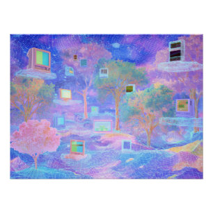 Vaporwave-Wolkenlandschaft mit schwebenden Fenster Poster