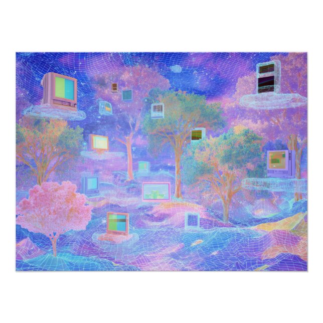 Vaporwave-Wolkenlandschaft mit schwebenden Fenster Poster (Vorderseite)
