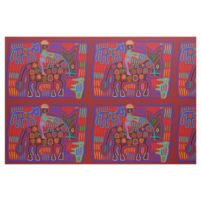 Vaquero y Caballos - Scarlet Red Blue Kuna Indian Stoff (Fat Quarter (45,7 x 55,9 cm))