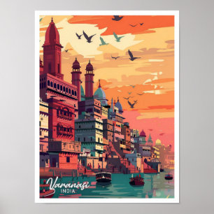 Varanasi India Vintage Travel Illustration Poster