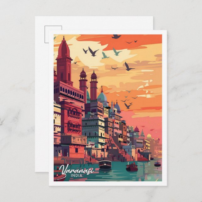 Varanasi India Vintage Travel Illustration Postkarte (Vorne/Hinten)