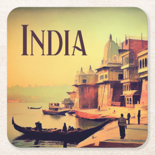 Varanasi Indien Vintage-Gemälde Rechteckiger Pappuntersetzer