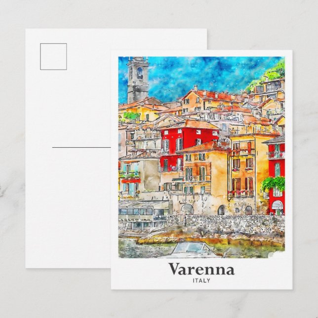 Varenna Lecco Italien Reisen Wasserfarbene Hand Postkarte (Vorne/Hinten)