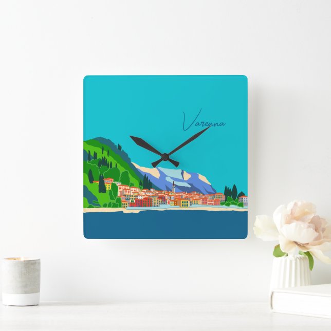 Varenna See Como Italien Illustration Quadratische Wanduhr (Zuhause)