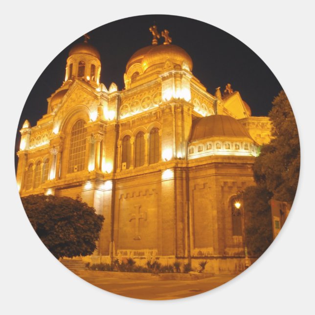 Varna Kathedrale am Abend Runder Aufkleber (Vorderseite)