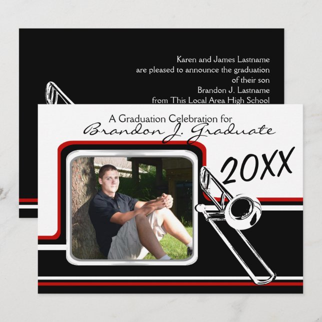 Varsity Band Trombone Abschluss Foto Red Einladung (Vorne/Hinten)