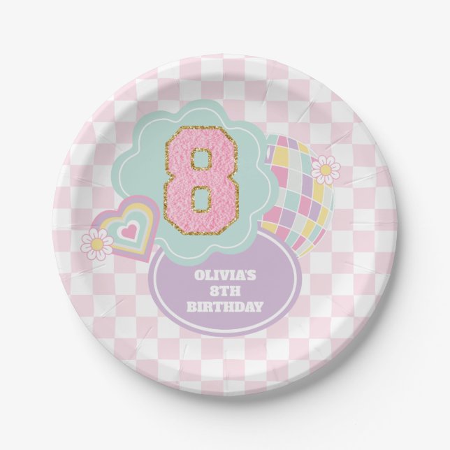 Varsity-Eleganz-Pastell-Patch 8. Geburtstag Pappteller (Vorderseite)
