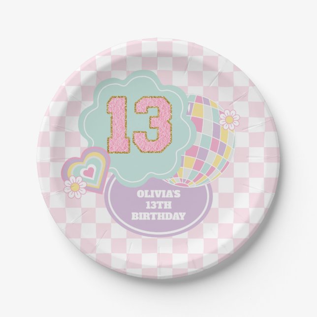 Varsity preppy Pastell-Patch 13. Geburtstag Pappteller (Vorderseite)