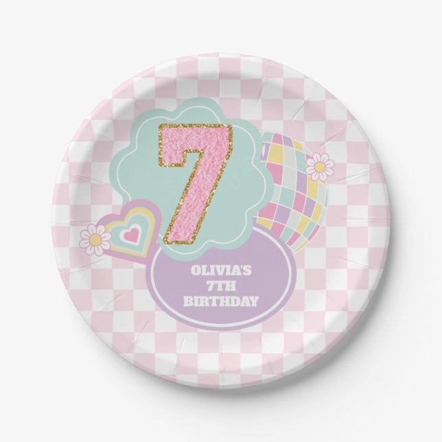 Varsity-Schick Pastell-Patch 7. Geburtstag Pappteller (Vorderseite)