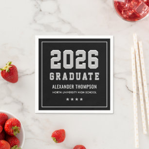 Varsity Silber Schwarz 2026 Abschlussfeier Serviette