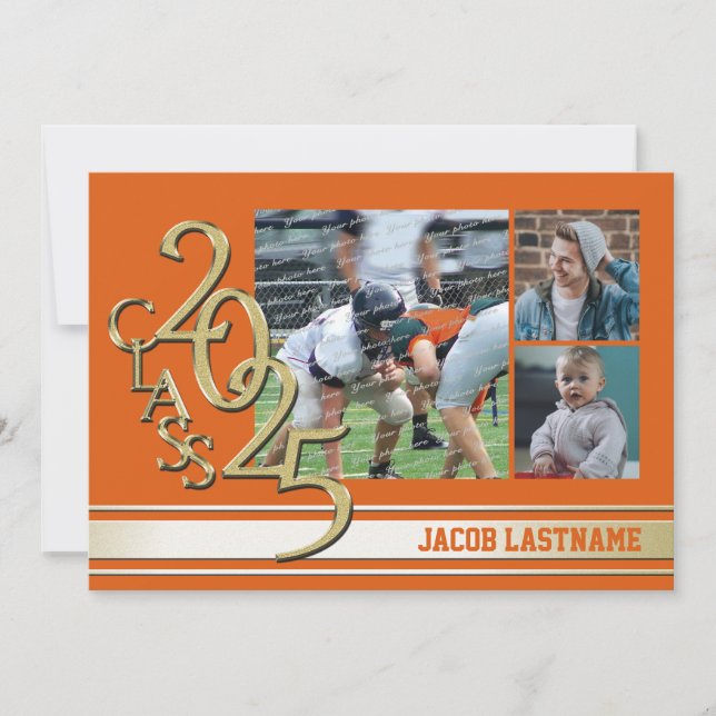 Varsity Stripe Tri Foto Gold Graduate Einladung (Vorderseite)