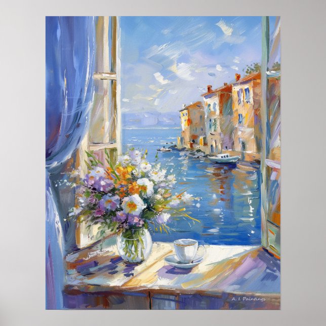 Vase Blume Fenster mit Blick auf die italienische  Poster (Vorne)