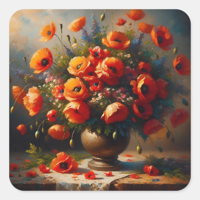 Vase der roten Poppies Quadratischer Aufkleber (Vorderseite)