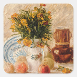 Vase mit Blume, Kaffee und Obst, van Gogh Quadratischer Aufkleber