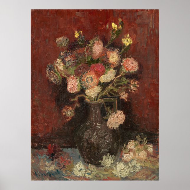 Vase mit chinesischen Asterern und Gladioli van Go Poster (Vorne)