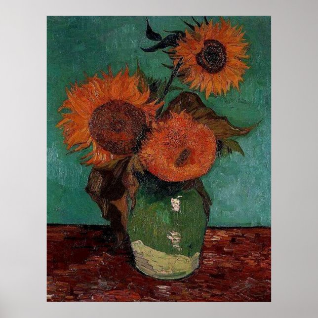 Vase mit drei Sonnenblumen, van Gogh Poster (Vorne)