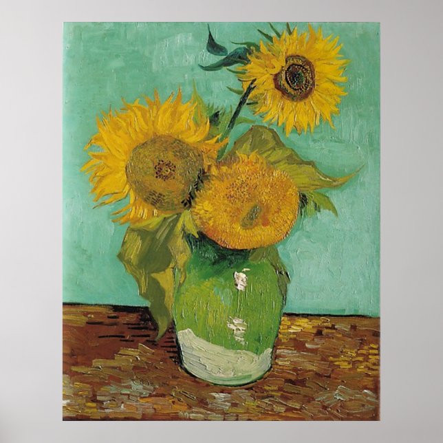 Vase mit drei Sonnenblumen, Vincent van Gogh Poster (Vorne)
