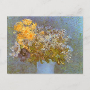Vase mit Flieder, Gänseblümchen und Anemonen von V Postkarte