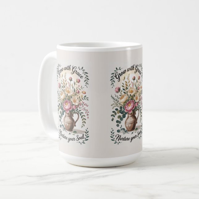 Vase mit Florals wachsen mit Grace Zitat Kaffeetasse (Vorderseite Links)