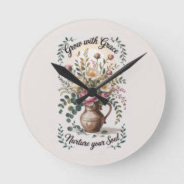 Vase mit Florals wachsen mit Grace Zitat Runde Wanduhr