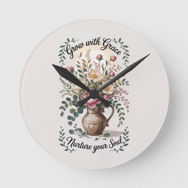 Vase mit Florals wachsen mit Grace Zitat Runde Wanduhr (Vorderseite)