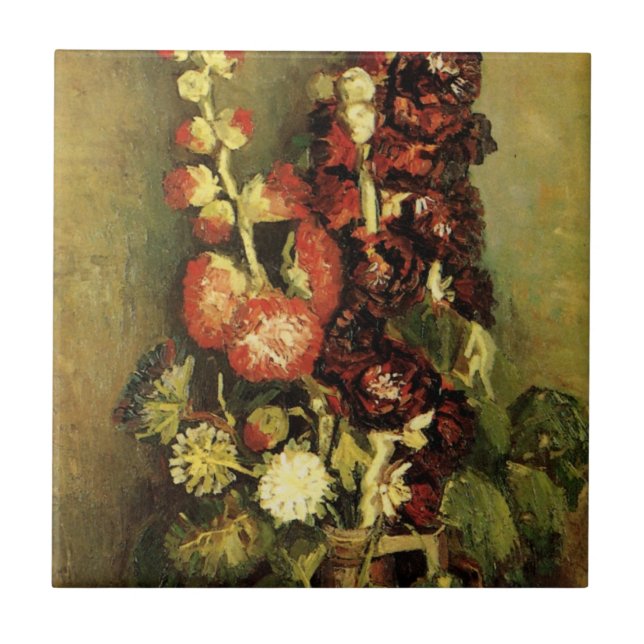 Vase mit Hollyhocks von Vincent van Gogh Fliese (Vorderseite)