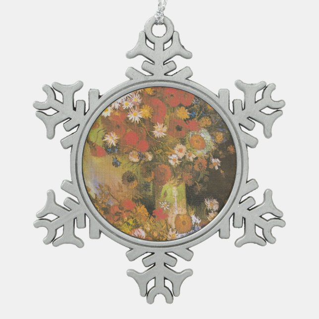 Vase mit Maisblumen und Pfefferkuchen, Bäuche und  Schneeflocken Zinn-Ornament (Vorderseite)