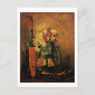 Vase mit Nelken und Rose und Flasche Feiertagspostkarte